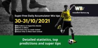 Free Daily Accumulator Tips for the Top European Leagues 30-31.10.2021.